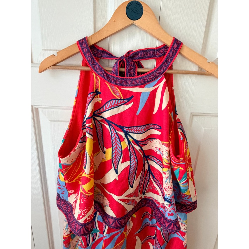 Flying Tomato Red Tropical Floral Halter Popover Romper Boho Medium